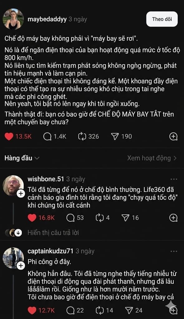 Lên máy bay phải bật chế độ máy bay? Cư dân Threads bình luận sôi nổi, có phi công khẳng định “tôi chẳng bao giờ bật” Lên máy bay phải bật chế độ máy bay? Cư dân Threads bình luận sôi nổi, có phi công khẳng định "tôi chẳng bao giờ bật"